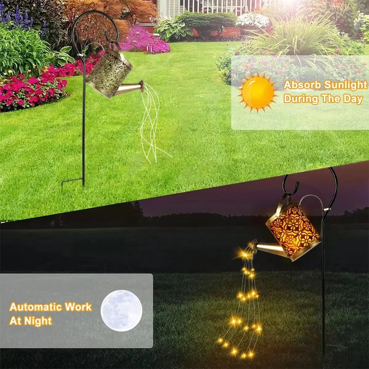 Solar LED Watering Can Lamp Iron Star Pot Shower Light Ground Lamp Outdoor Garden Decoration Landscape Lamp Trail Lawn Yard