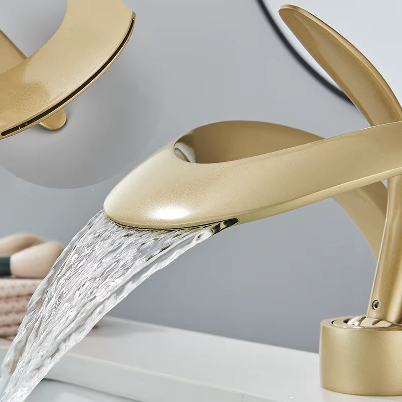 Black Bathroom Basin Taps Single Handle Waterfall Faucet Solid Brass Basin Mixer Taps Creative Hollowed Out Design Water Tap